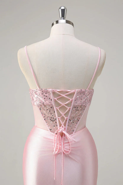 Elegant Pink Sequin Mermaid Classic-Neck Sleeveless Lace-Up-Back Floor-Length Prom Dress