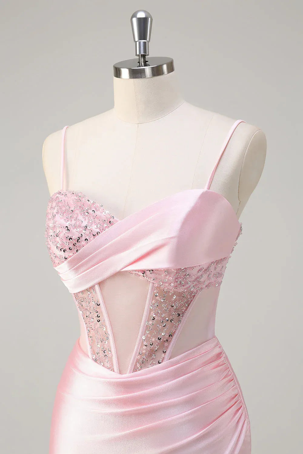 Pink Mermaid Spaghetti Strap Corset Ruched Beaded Maxi Prom Dress