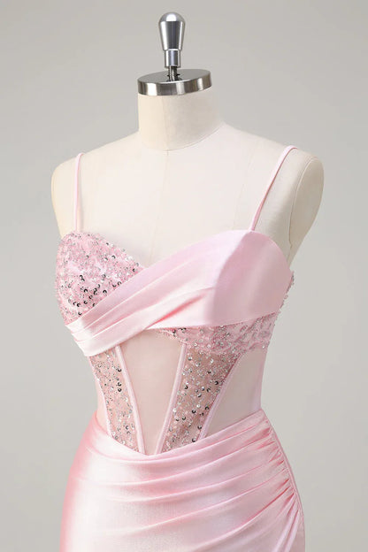 Elegant Pink Sequin Mermaid Classic-Neck Sleeveless Lace-Up-Back Floor-Length Prom Dress