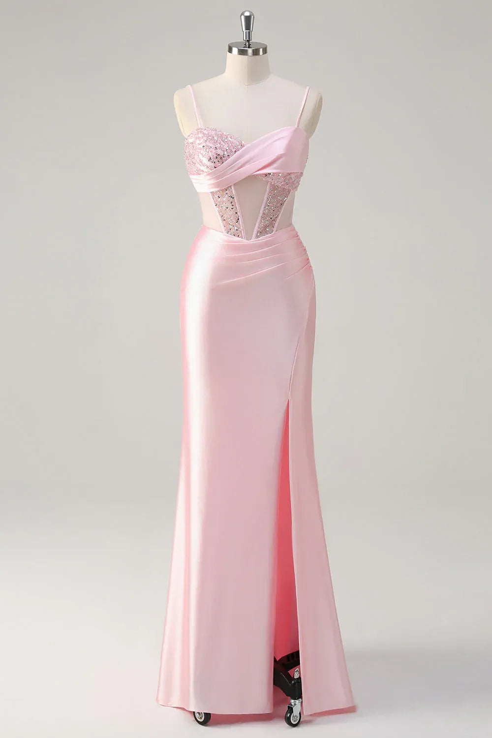 Pink Mermaid Spaghetti Strap Corset Ruched Beaded Maxi Prom Dress