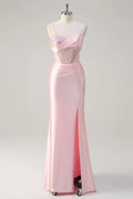 Pink Mermaid Spaghetti Strap Corset Ruched Beaded Maxi Prom Dress