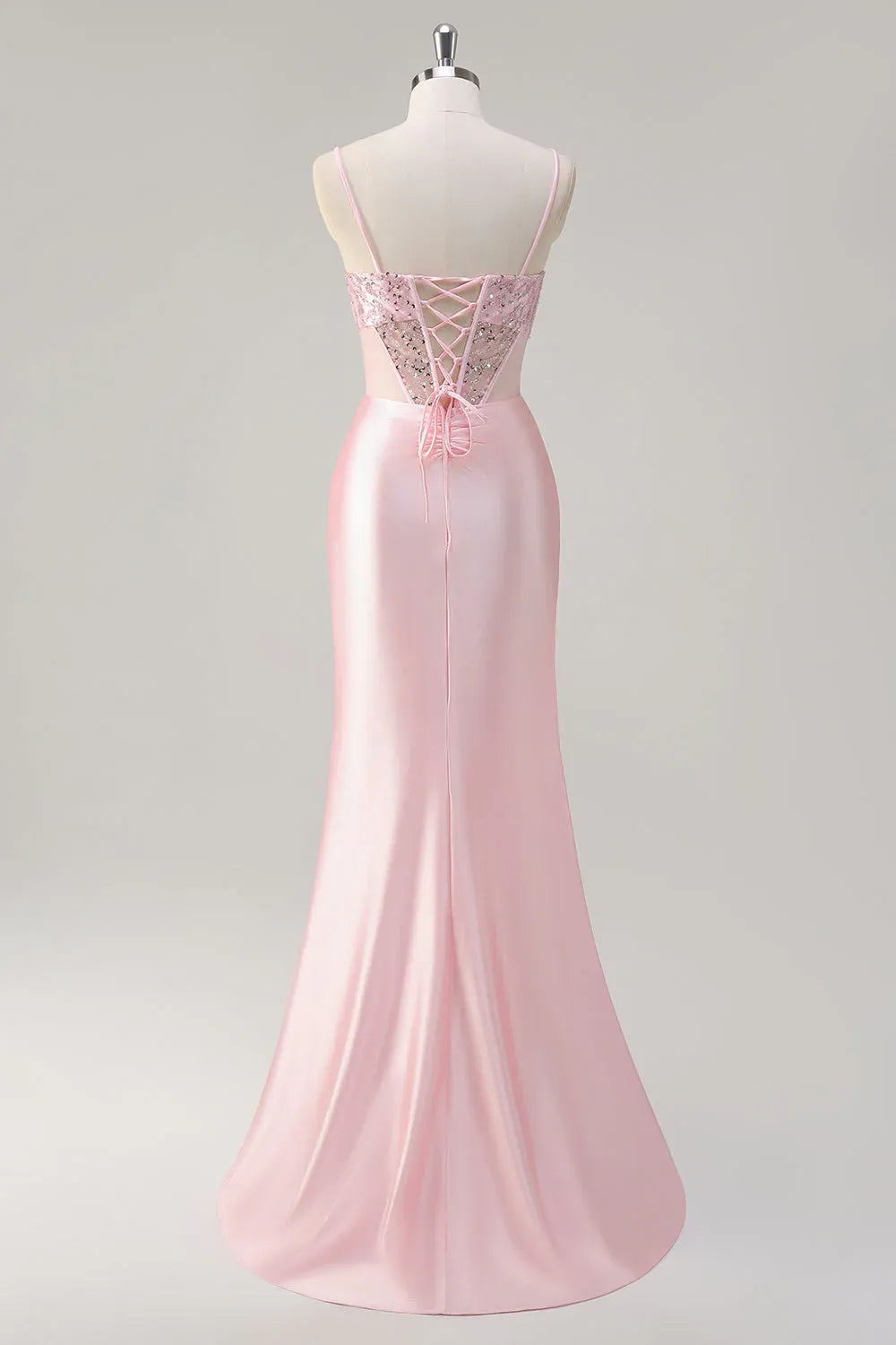Pink Mermaid Spaghetti Strap Corset Ruched Beaded Maxi Prom Dress