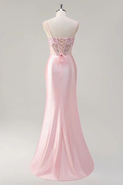 Elegant Pink Sequin Mermaid Classic-Neck Sleeveless Lace-Up-Back Floor-Length Prom Dress