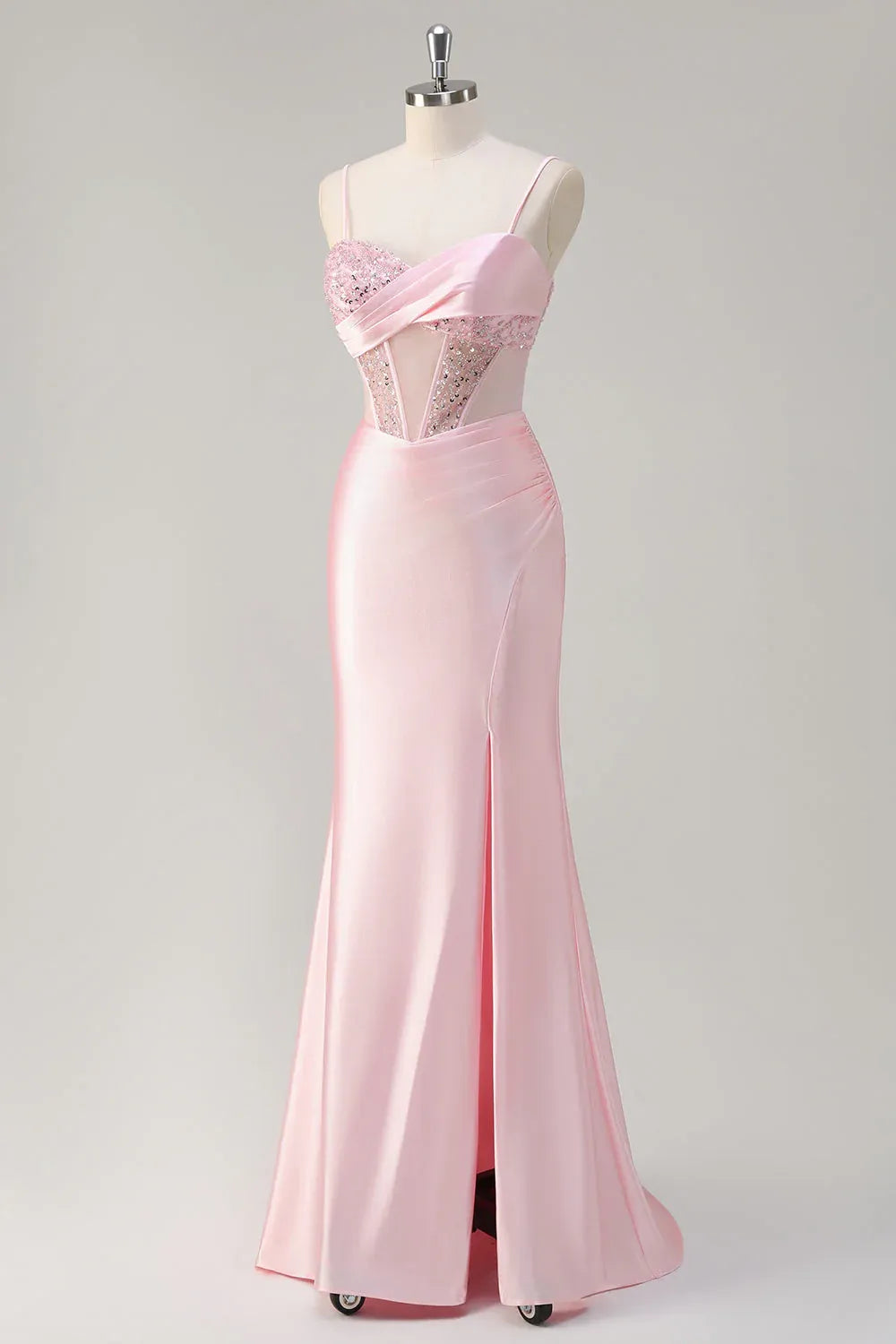 Pink Mermaid Spaghetti Strap Corset Ruched Beaded Maxi Prom Dress