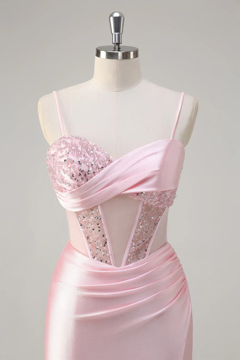Pink Mermaid Spaghetti Strap Corset Ruched Beaded Maxi Prom Dress