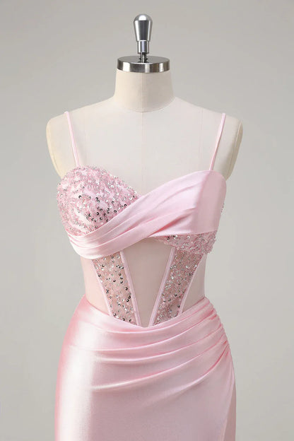 Elegant Pink Sequin Mermaid Classic-Neck Sleeveless Lace-Up-Back Floor-Length Prom Dress