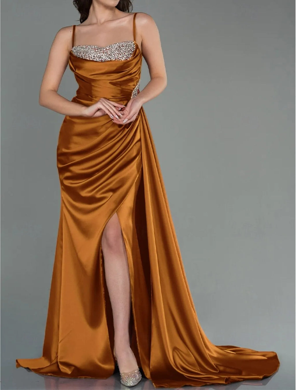Mermaid Spaghetti Strap Ruched Beaded Copper Maxi Prom Dress With Slit