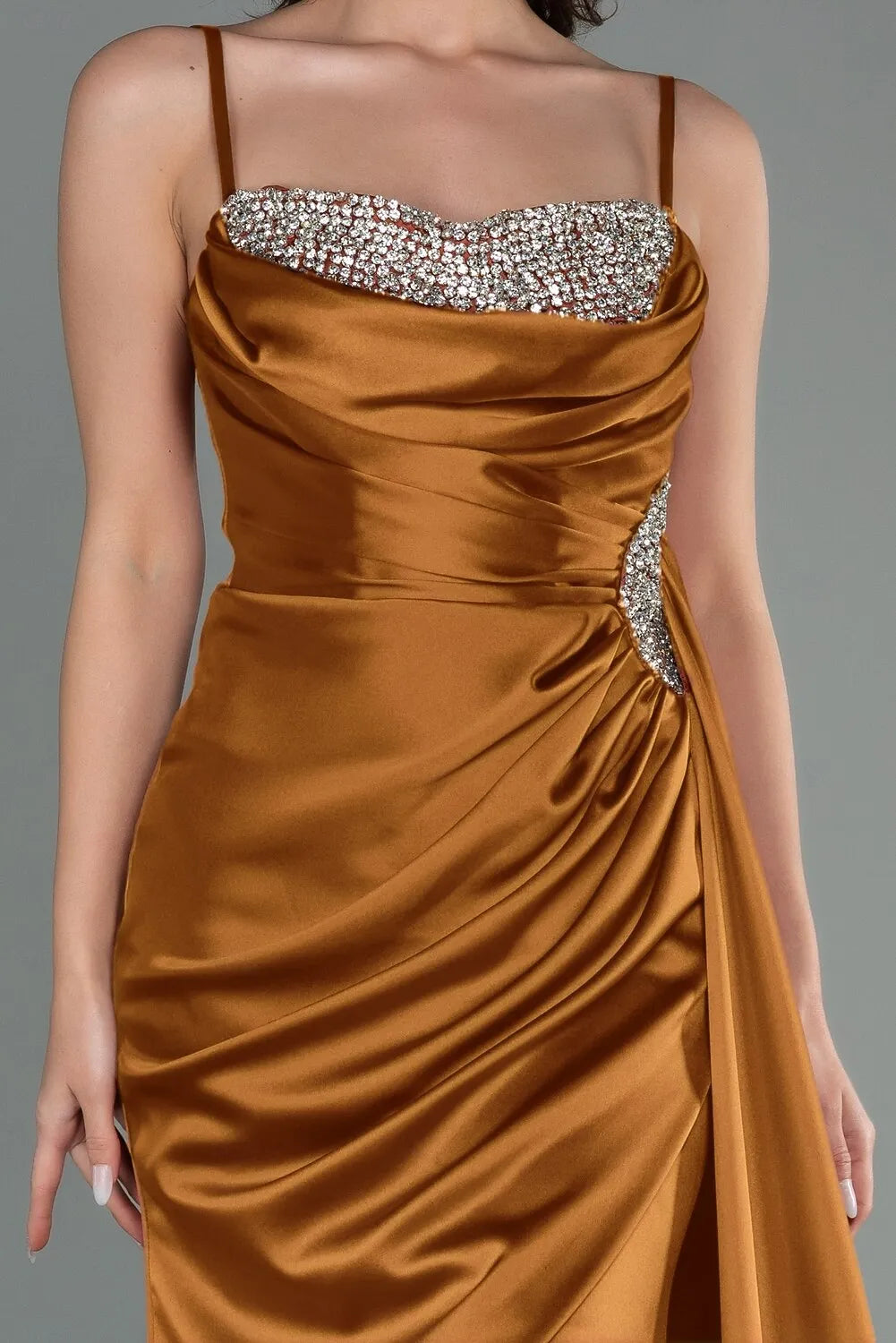 Mermaid Spaghetti Strap Ruched Beaded Copper Maxi Prom Dress With Slit
