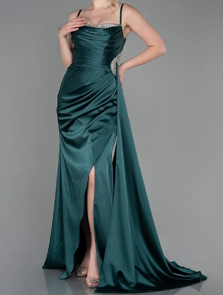 Mermaid Spaghetti Strap Ruched Beaded Copper Maxi Prom Dress With Slit