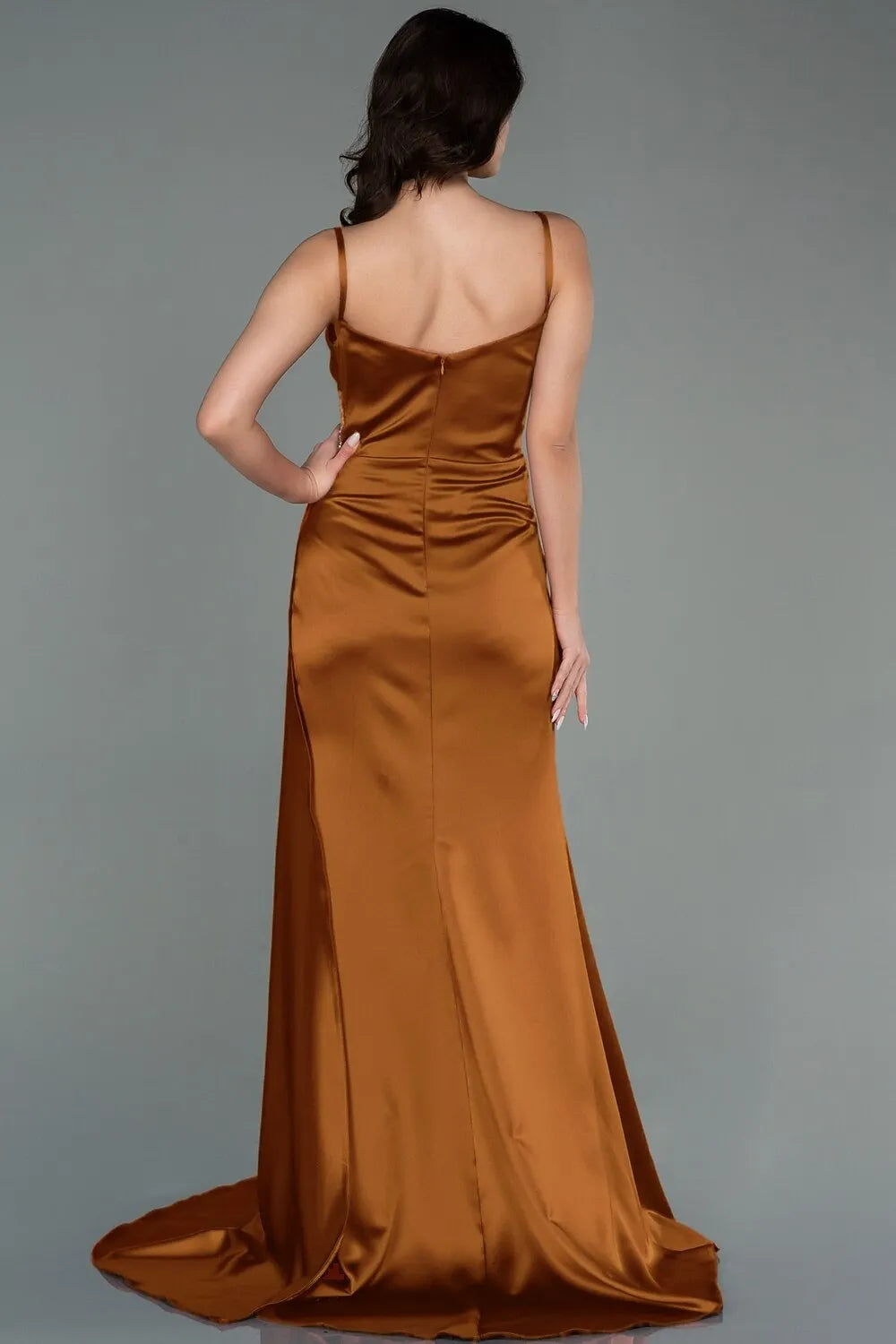 Mermaid Spaghetti Strap Ruched Beaded Copper Maxi Prom Dress With Slit