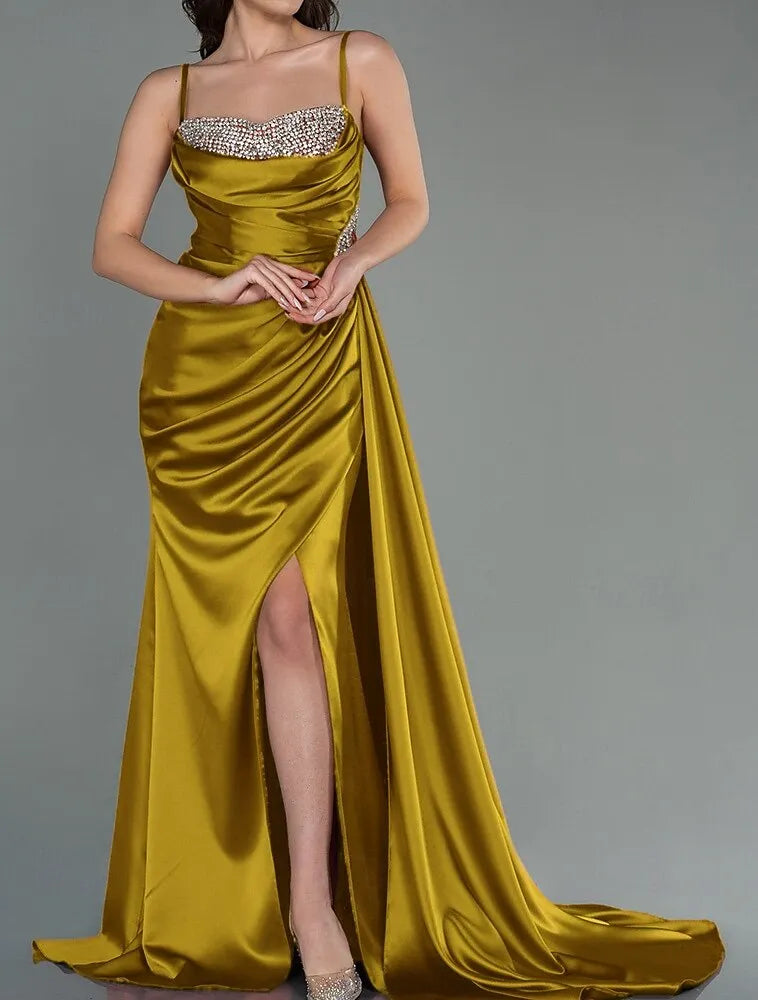 Mermaid Spaghetti Strap Ruched Beaded Copper Maxi Prom Dress With Slit