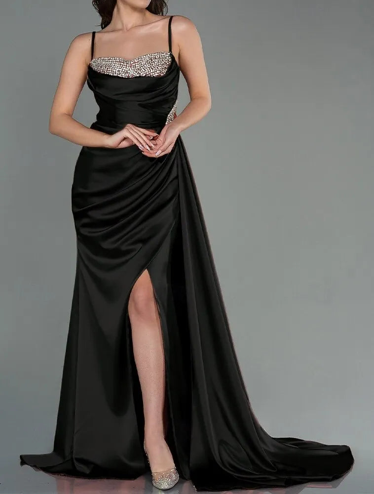 Mermaid Spaghetti Strap Ruched Beaded Copper Maxi Prom Dress With Slit