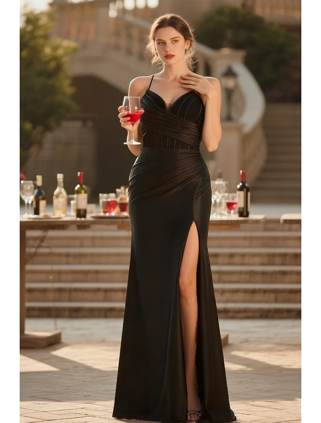 Black Mermaid Spaghetti Strap Ruched Maxi Prom Dress With Slit