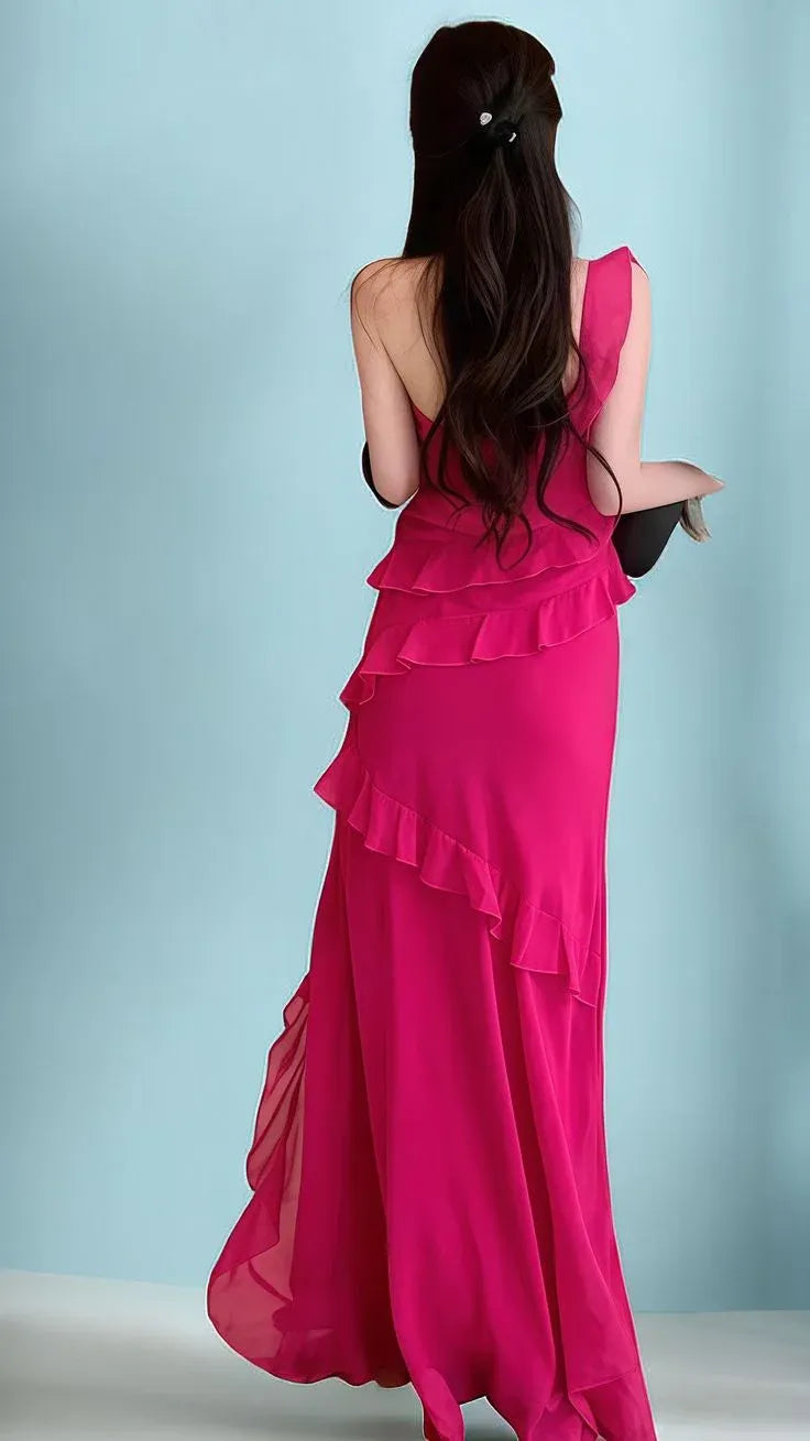 Mermaid Spaghetti Strap Ruffled Fuchsia Floor-Length Prom Dress Hot Sale