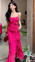 Mermaid Spaghetti Strap Ruffled Fuchsia Floor-Length Prom Dress Hot Sale