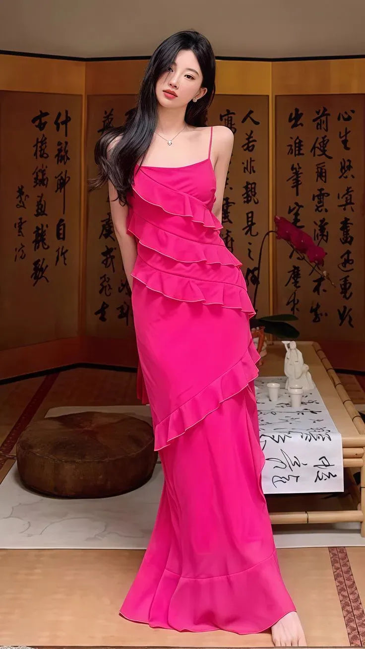 Mermaid Spaghetti Strap Ruffled Fuchsia Floor-Length Prom Dress Hot Sale