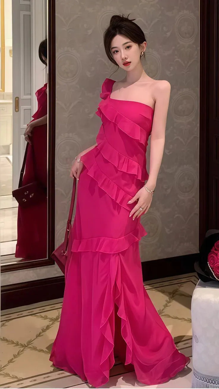 Mermaid Spaghetti Strap Ruffled Fuchsia Floor-Length Prom Dress Hot Sale