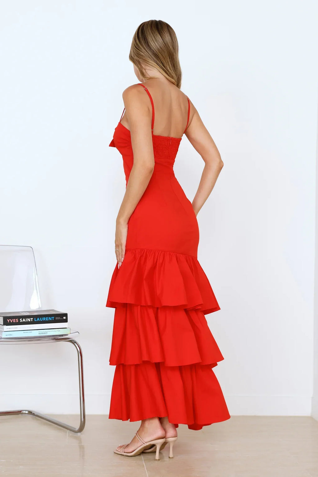 Red Mermaid Spaghetti Straps Keyhole Cutout Tie Ruffle Red Maxi Prom Dress