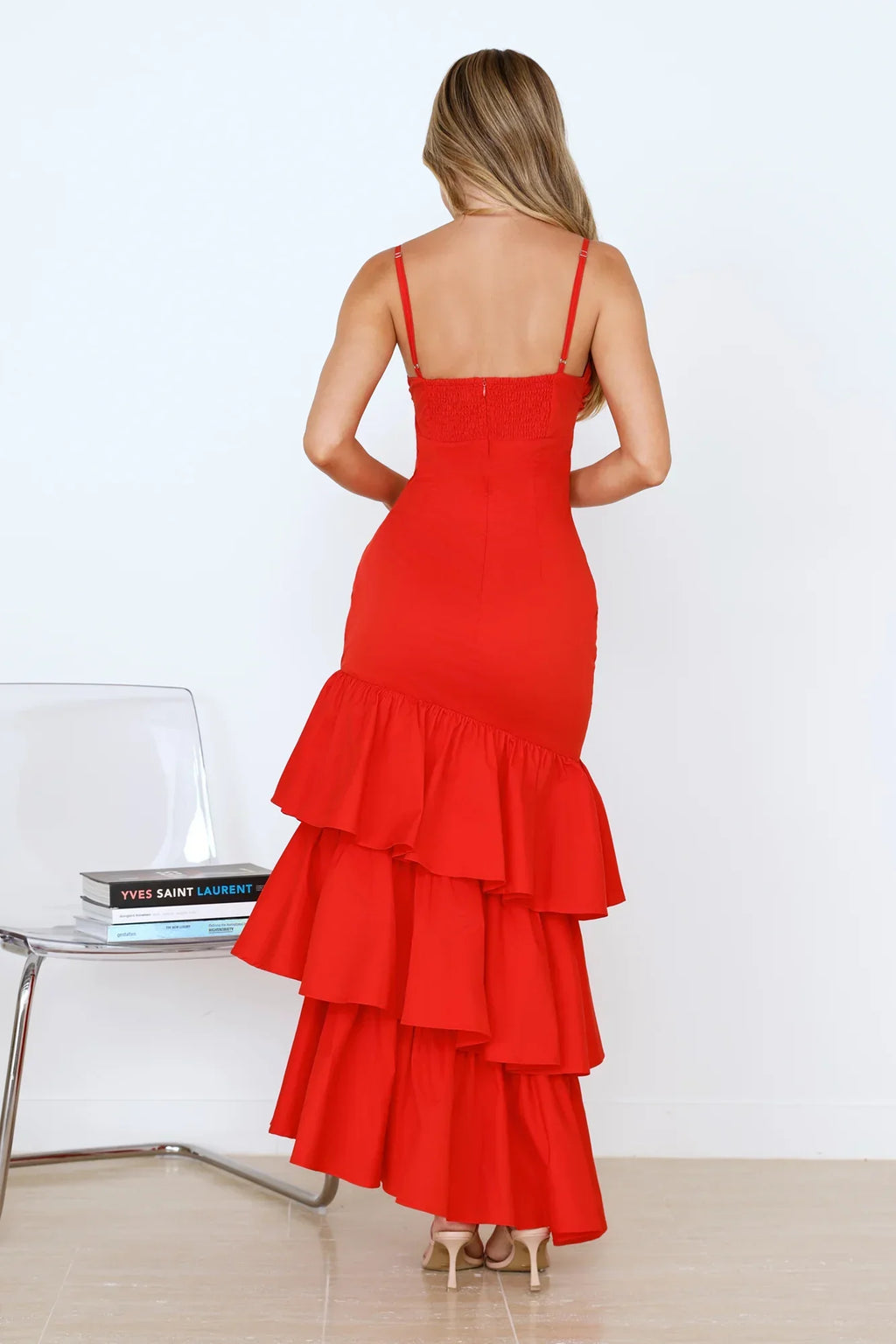 Red Mermaid Spaghetti Straps Keyhole Cutout Tie Ruffle Red Maxi Prom Dress