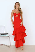 Red Mermaid Spaghetti Straps Keyhole Cutout Tie Ruffle Red Maxi Prom Dress