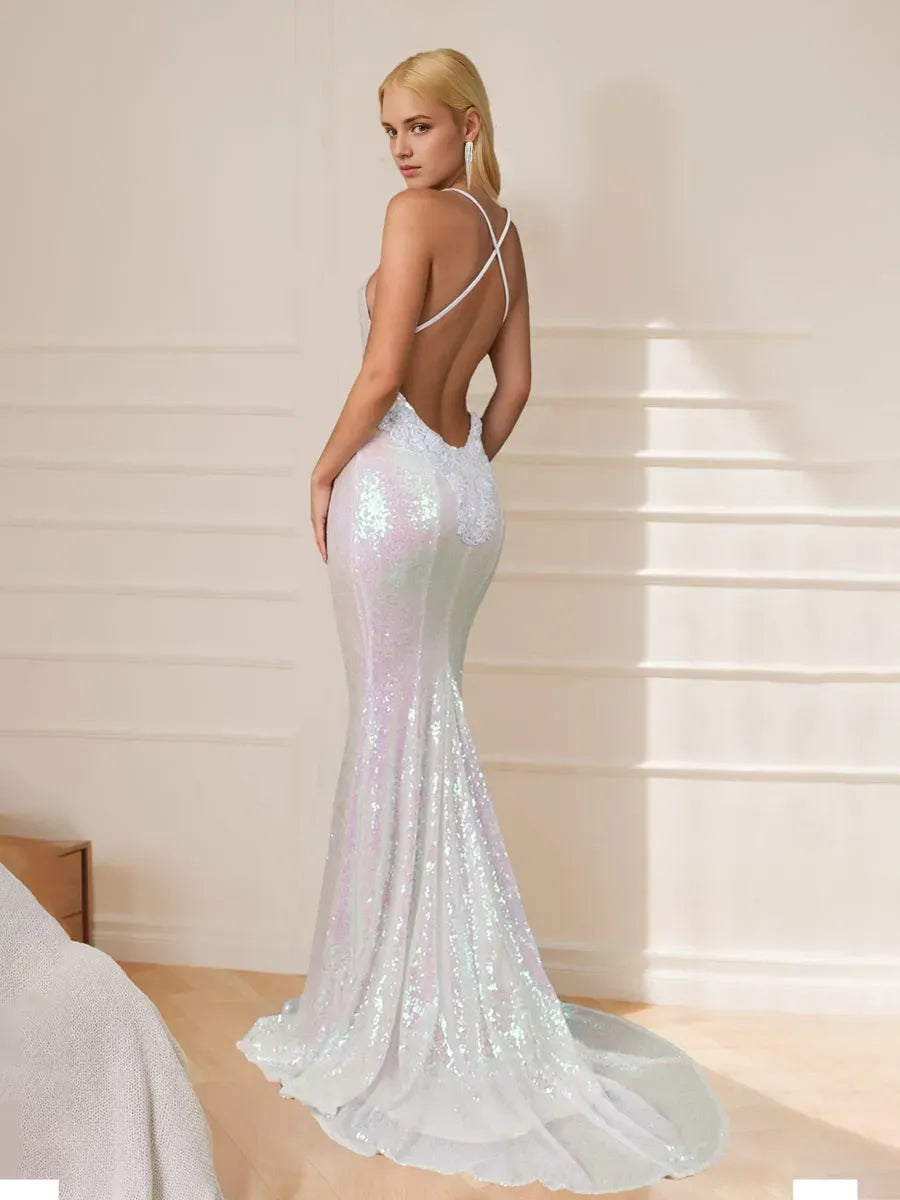 Mermaid Spaghetti Straps Prom Dresses with Opened Back