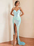 Mermaid Spaghetti Straps Sleeveless Floor-length Long Prom Evening Dresses with Sequins