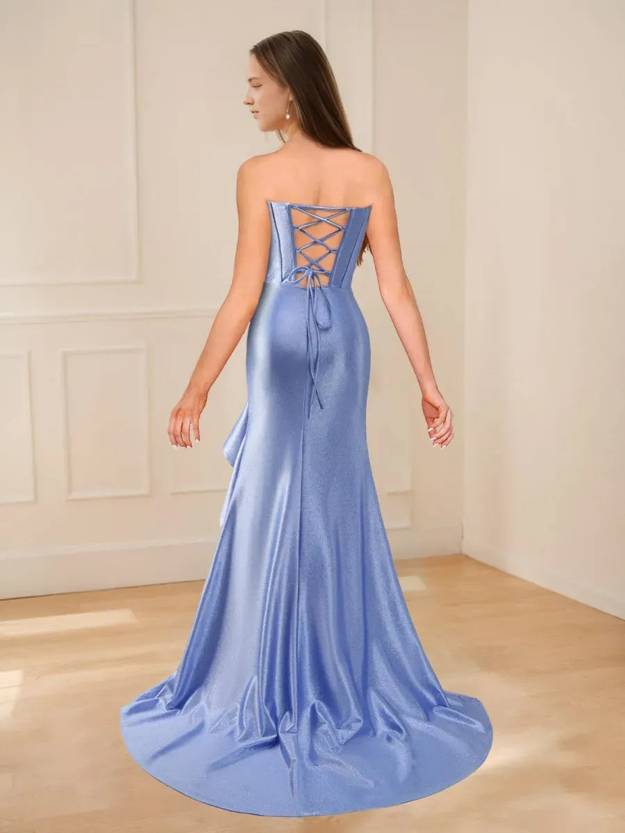 Elegant Red Ruffled Mermaid Sweetheart Classic-Sleeve Lace-Up-Back Floor-Length Prom Dress
