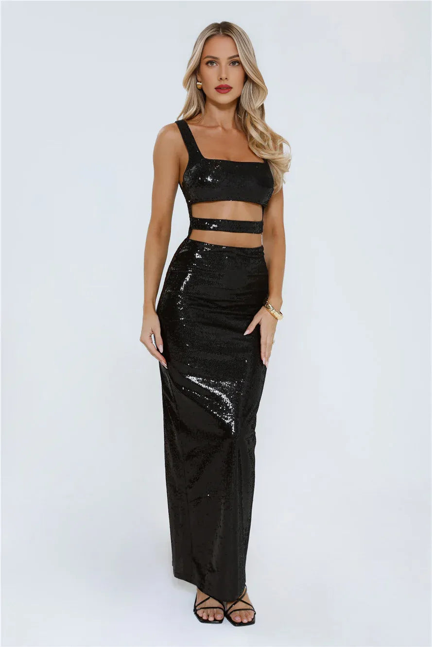 Black Mermaid Square Neck Cutout Maxi Prom Dress With Back Slit