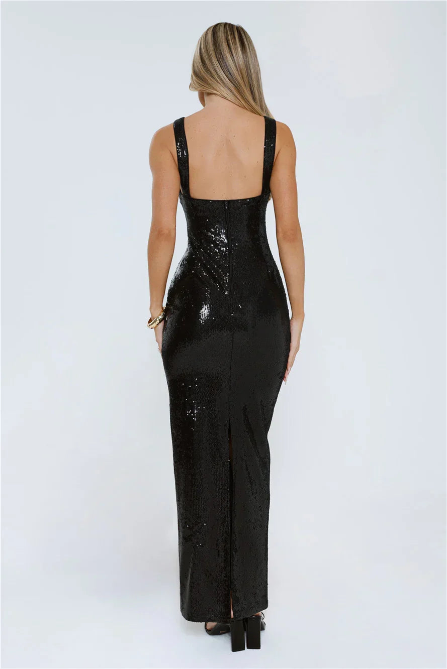 Black Mermaid Square Neck Cutout Maxi Prom Dress With Back Slit