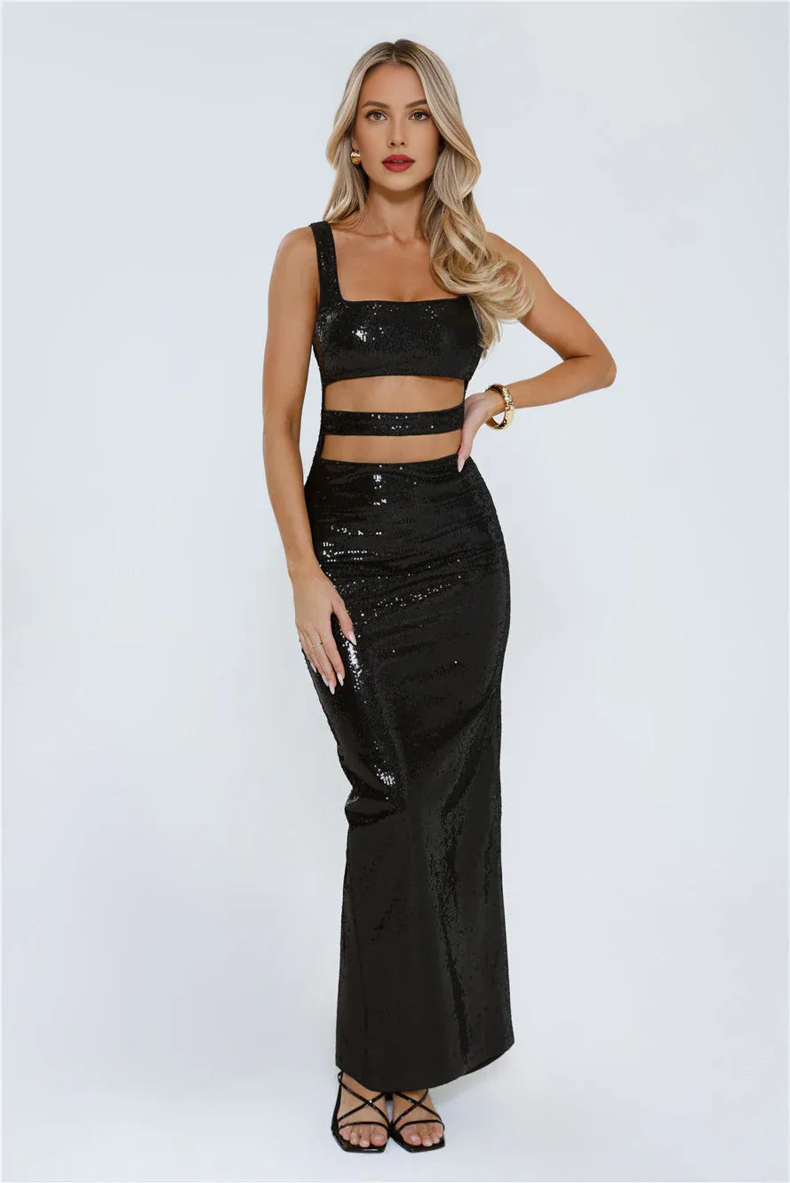 Black Mermaid Square Neck Cutout Maxi Prom Dress With Back Slit