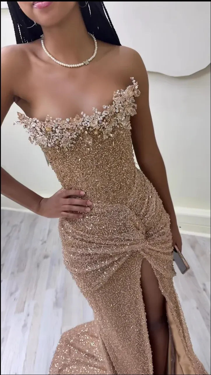 Mermaid Strapless Beaded Champagne Prom Dress With Train