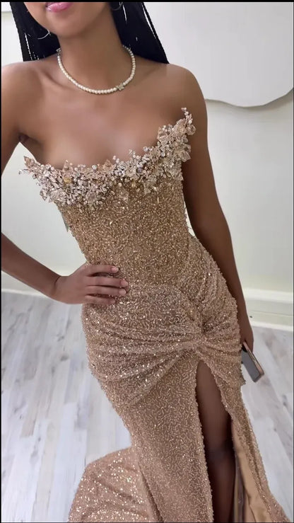 Elegant Red Sequin Mermaid Strapless Classic-Sleeve Classic-Back Floor-Length Bridesmaid Dress