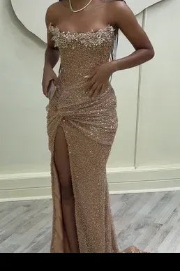 Mermaid Strapless Beaded Champagne Prom Dress With Train