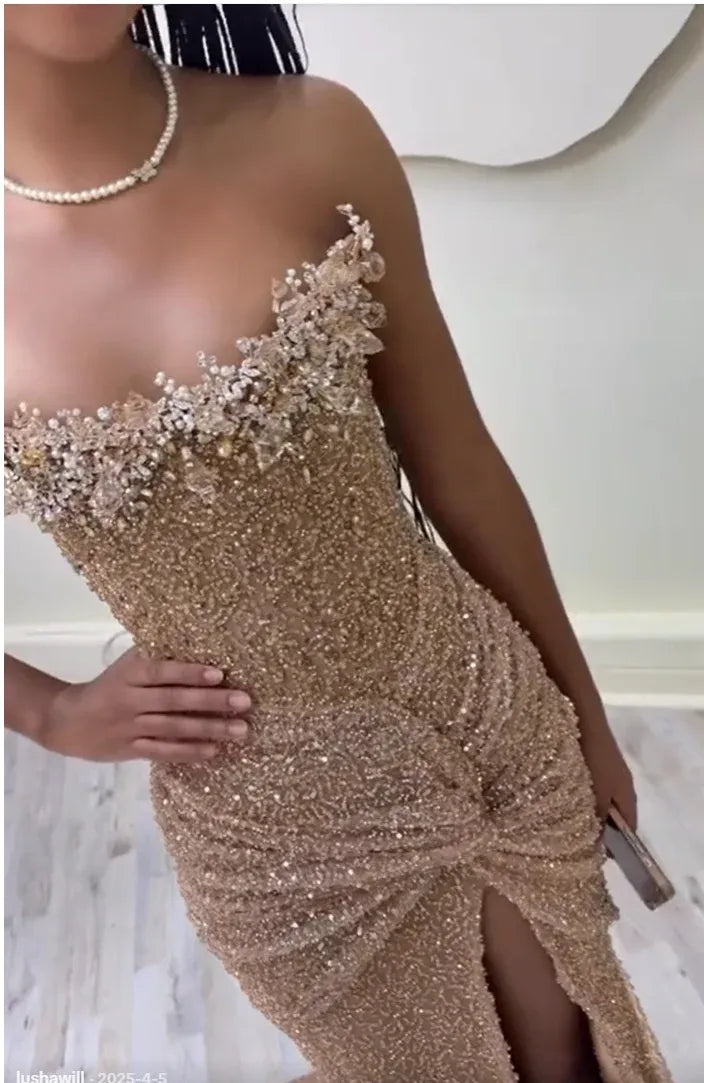 Mermaid Strapless Beaded Champagne Prom Dress With Train