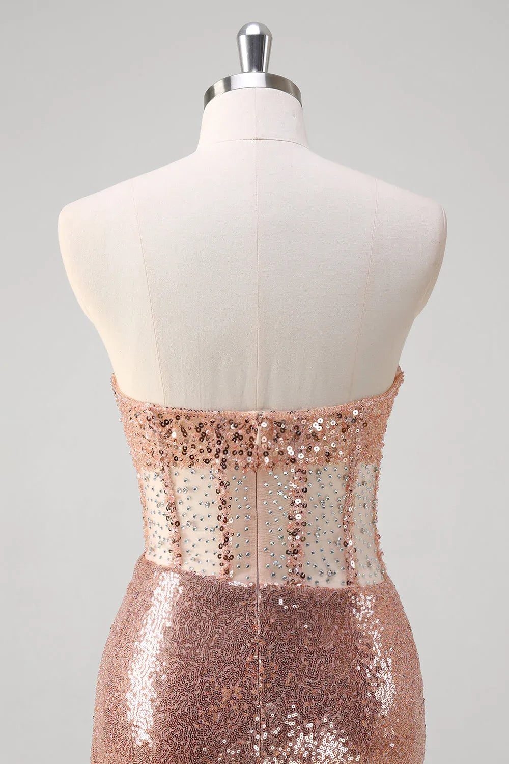 Rose Gold Mermaid Strapless Corset Ruched Beaded Long Prom Dress