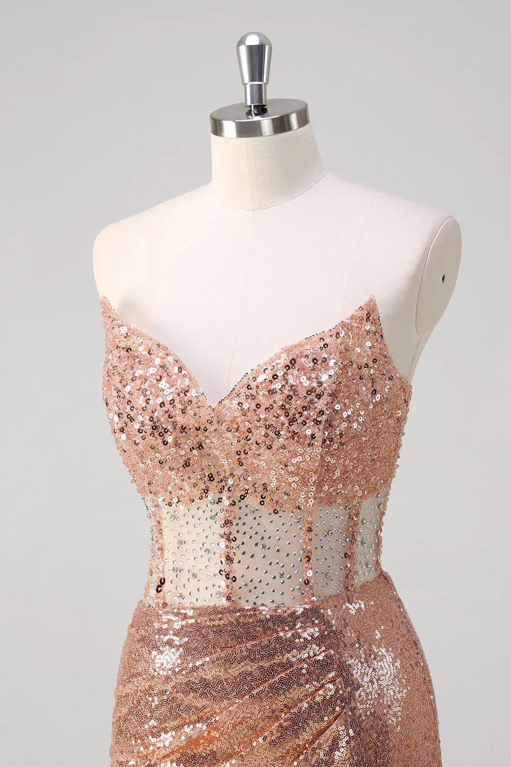 Rose Gold Mermaid Strapless Corset Ruched Beaded Long Prom Dress