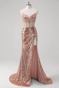 Rose Gold Mermaid Strapless Corset Ruched Beaded Long Prom Dress
