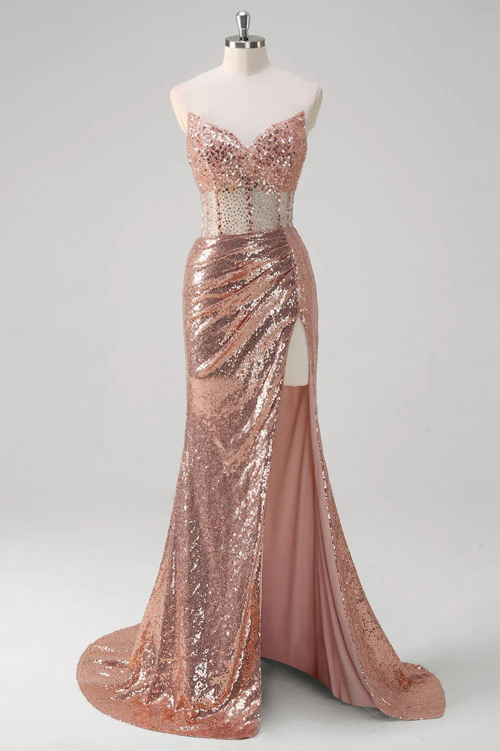 Rose Gold Mermaid Strapless Corset Ruched Beaded Long Prom Dress