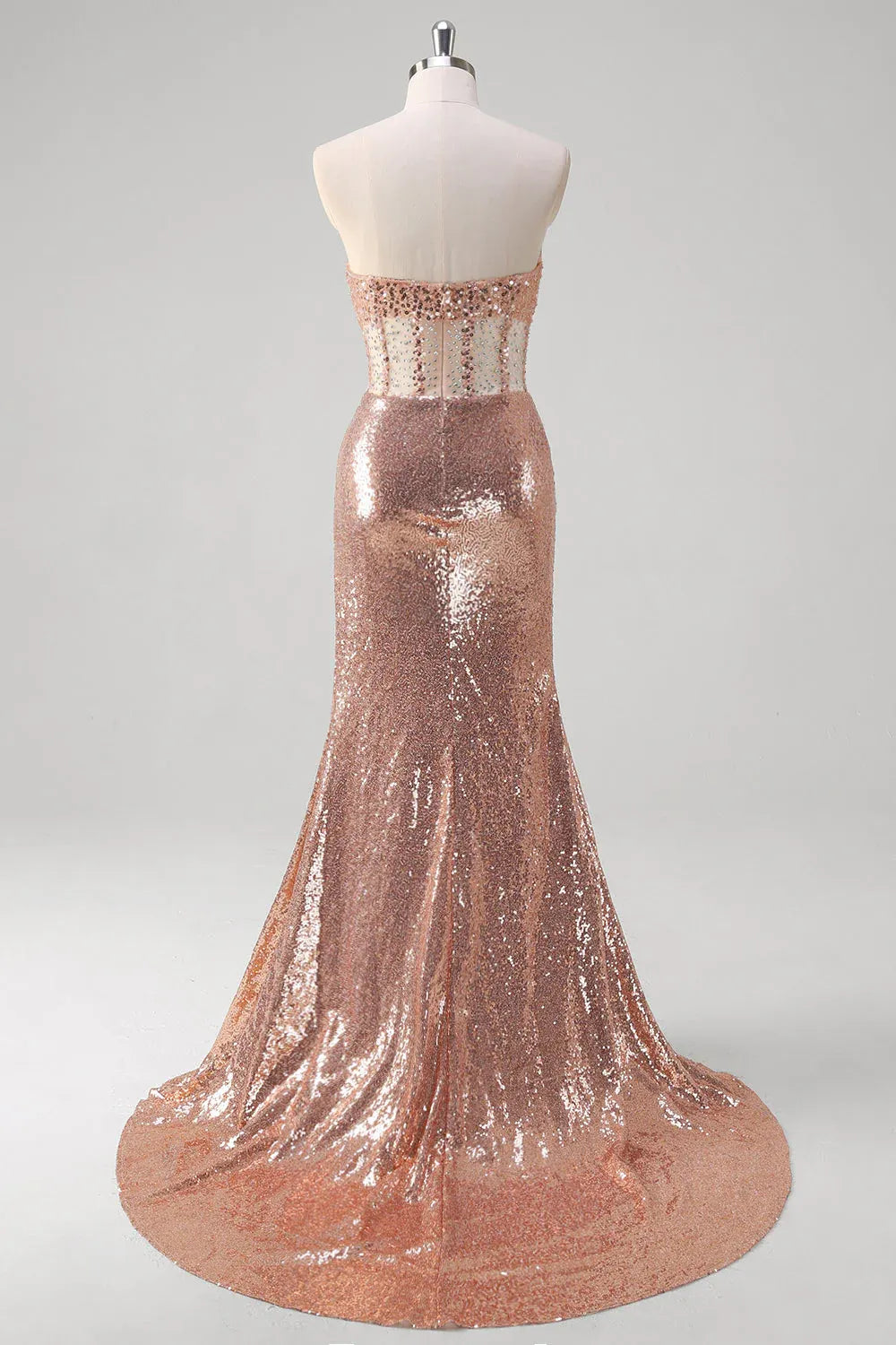Rose Gold Mermaid Strapless Corset Ruched Beaded Long Prom Dress