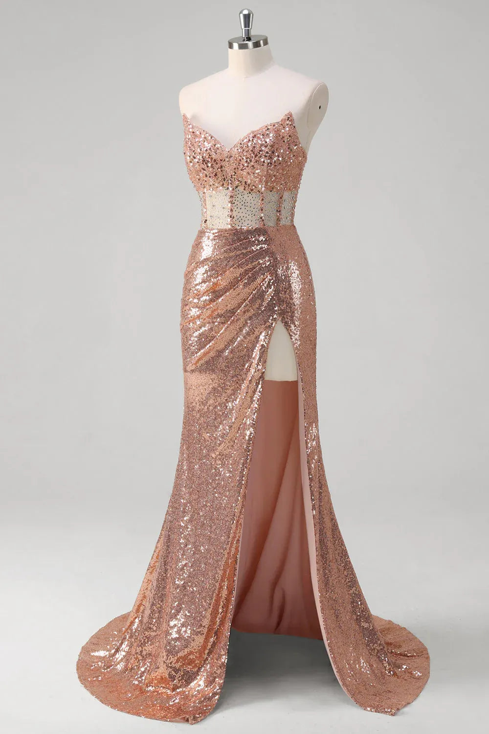 Rose Gold Mermaid Strapless Corset Ruched Beaded Long Prom Dress
