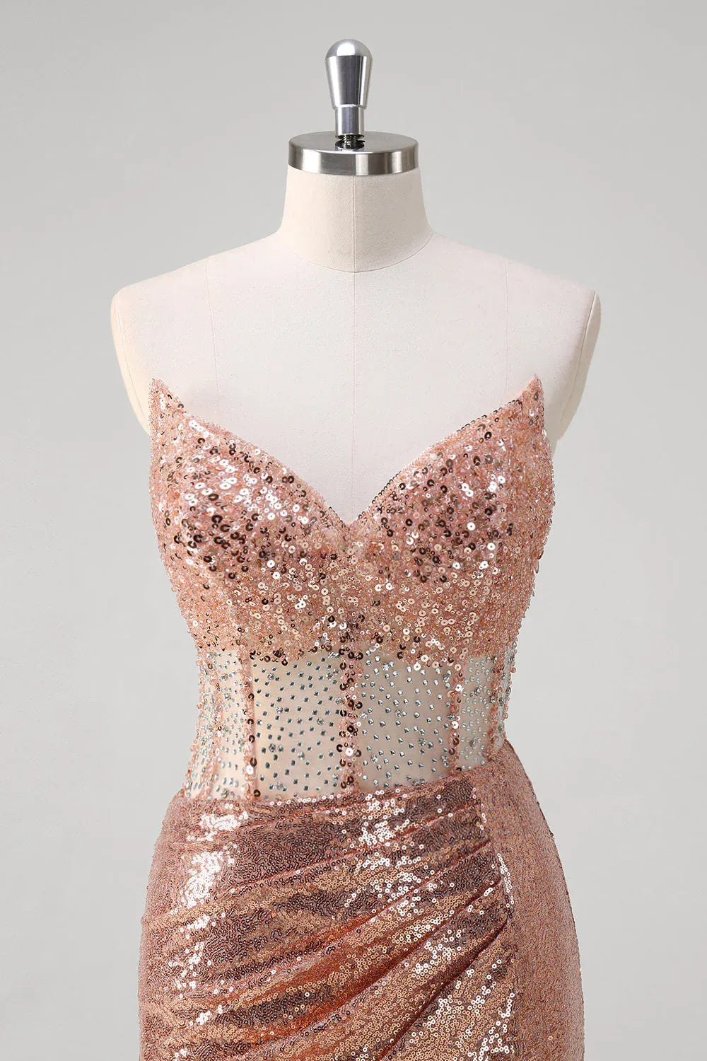 Rose Gold Mermaid Strapless Corset Ruched Beaded Long Prom Dress