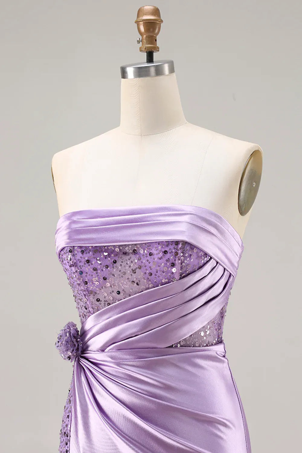 Lavender Mermaid Strapless Corset Ruched Prom Dress With Slit