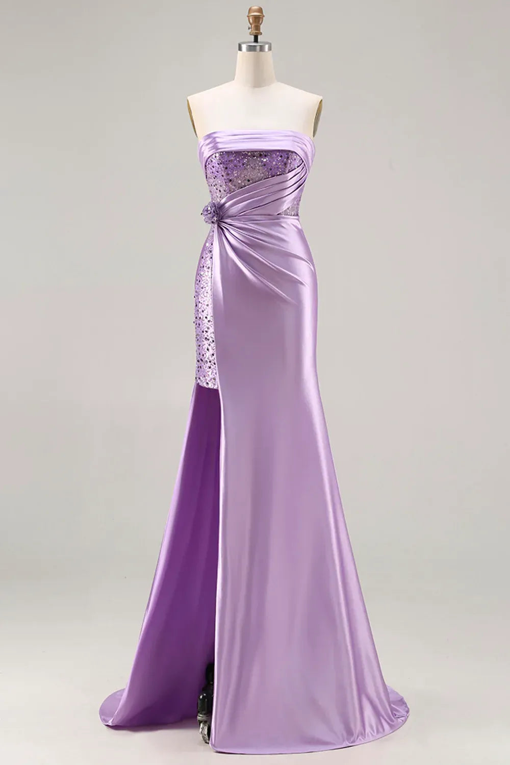 Lavender Mermaid Strapless Corset Ruched Prom Dress With Slit