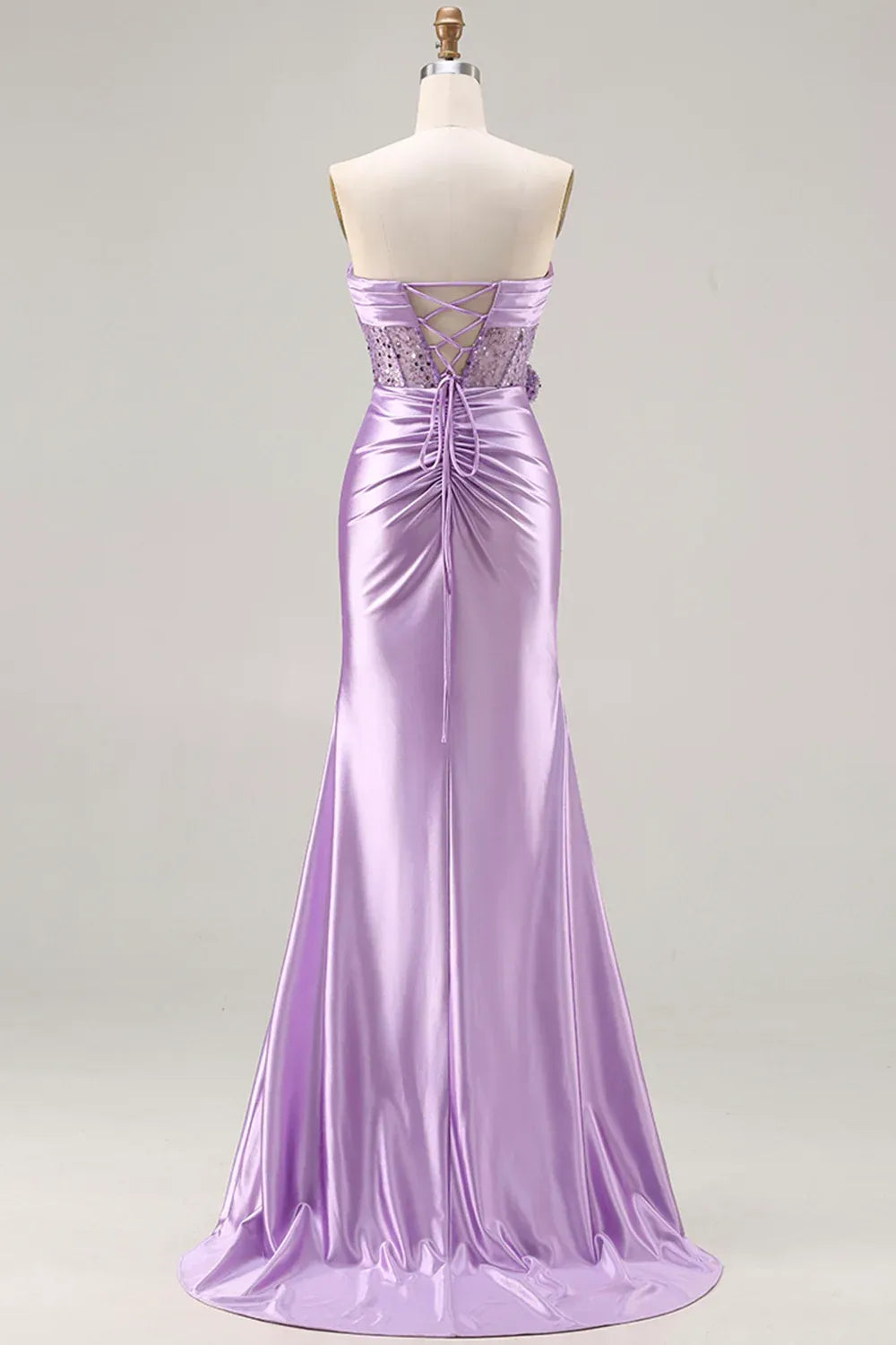 Lavender Mermaid Strapless Corset Ruched Prom Dress With Slit