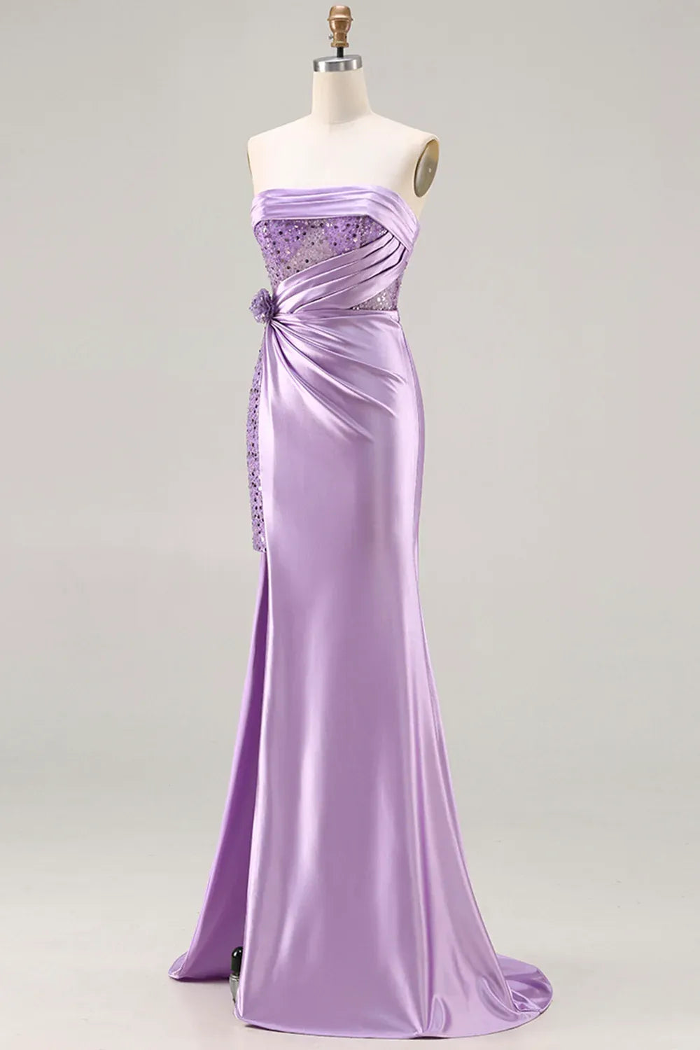 Lavender Mermaid Strapless Corset Ruched Prom Dress With Slit
