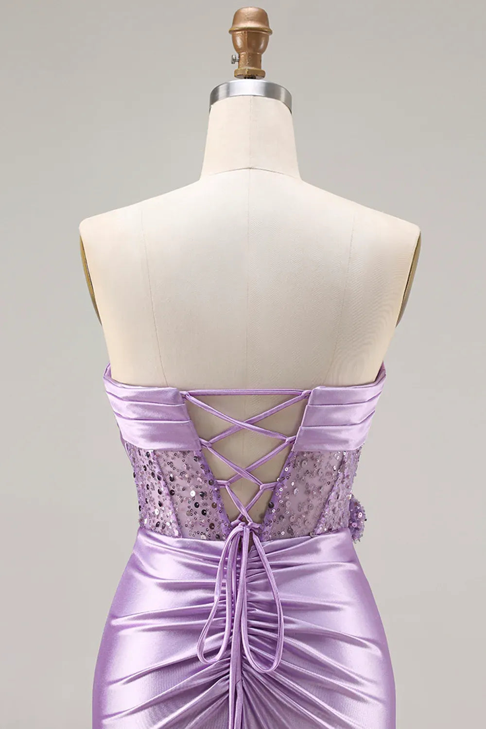 Lavender Mermaid Strapless Corset Ruched Prom Dress With Slit
