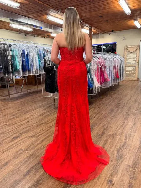 Red Mermaid Strapless Applique Long Prom Dress With High Slit