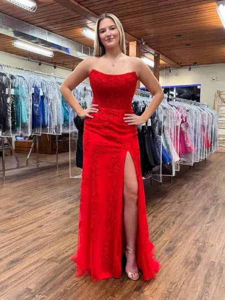 Red Mermaid Strapless Applique Long Prom Dress With High Slit