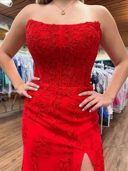 Red Mermaid Strapless Applique Long Prom Dress With High Slit