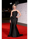 Black Mermaid Strapless Pleated Bow Maxi Prom Dress With Train